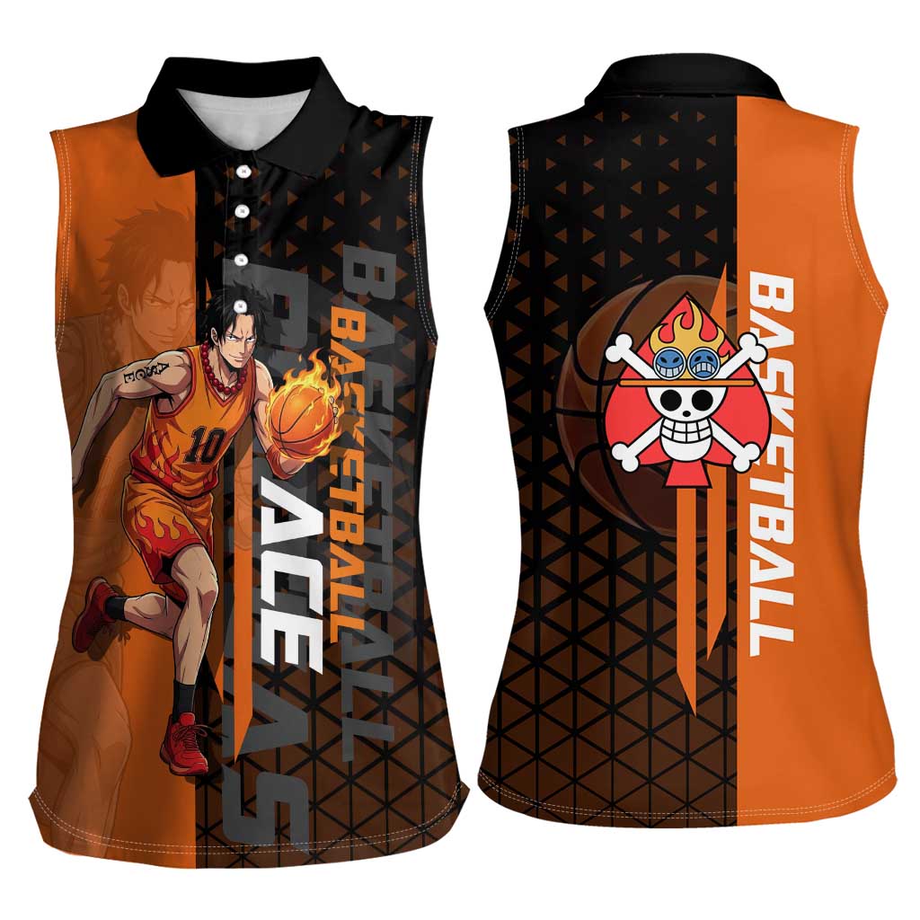 Portgas D Ace One Piece Basketball Theme Orange and Black Design Women Sleeveless Polo Shirt with Flame Ball and Whitebeard Pirates Emblem - The Mazicc