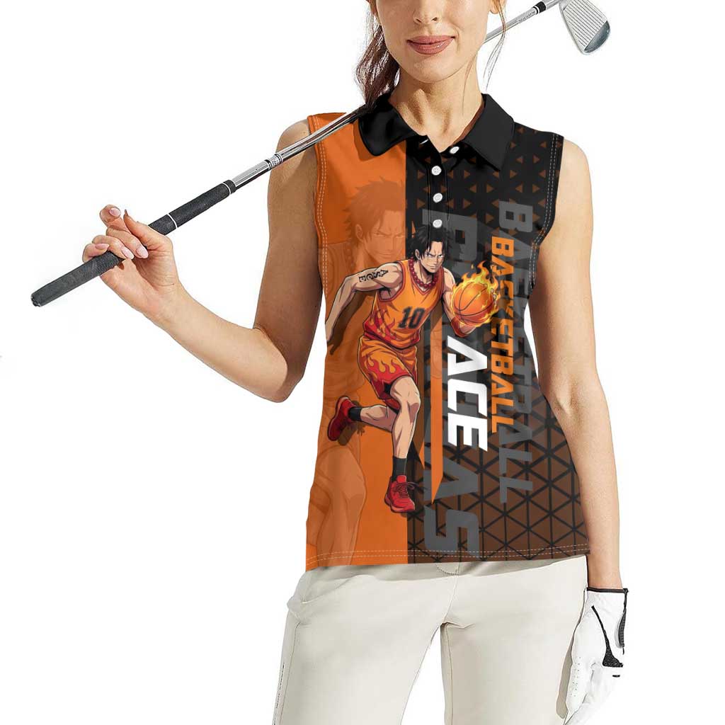 Portgas D Ace One Piece Basketball Theme Orange and Black Design Women Sleeveless Polo Shirt with Flame Ball and Whitebeard Pirates Emblem - The Mazicc