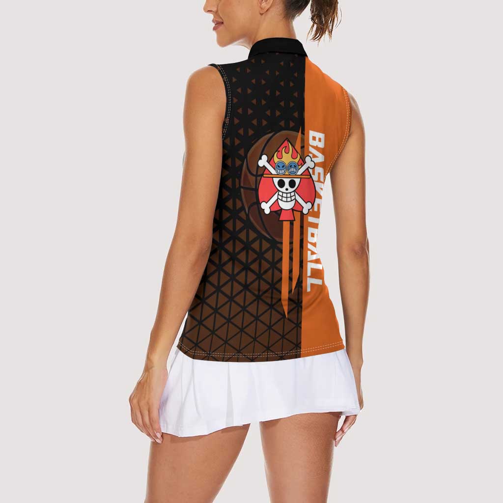 Portgas D Ace One Piece Basketball Theme Orange and Black Design Women Sleeveless Polo Shirt with Flame Ball and Whitebeard Pirates Emblem - The Mazicc