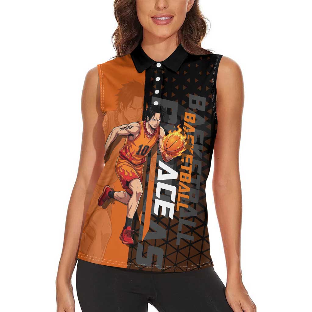 Portgas D Ace One Piece Basketball Theme Orange and Black Design Women Sleeveless Polo Shirt with Flame Ball and Whitebeard Pirates Emblem - The Mazicc