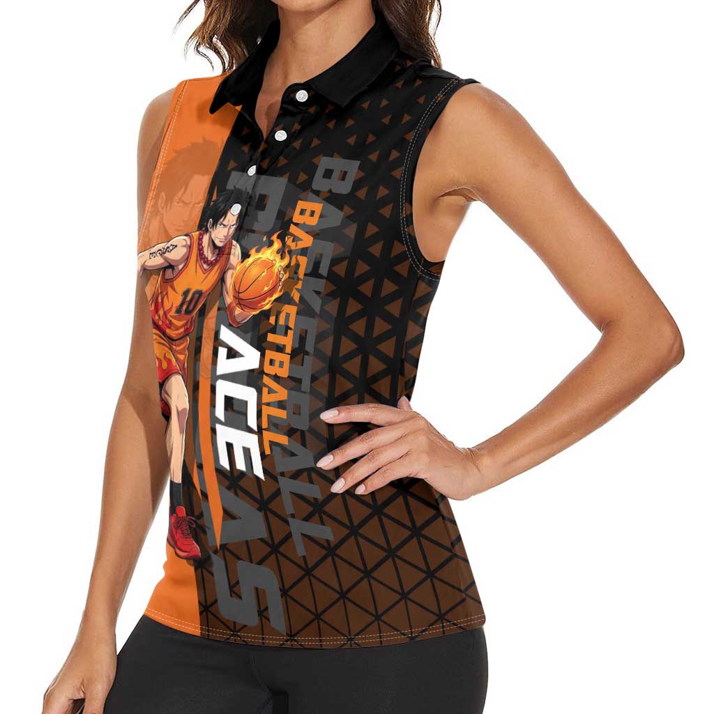 Portgas D Ace One Piece Basketball Theme Orange and Black Design Women Sleeveless Polo Shirt with Flame Ball and Whitebeard Pirates Emblem - The Mazicc