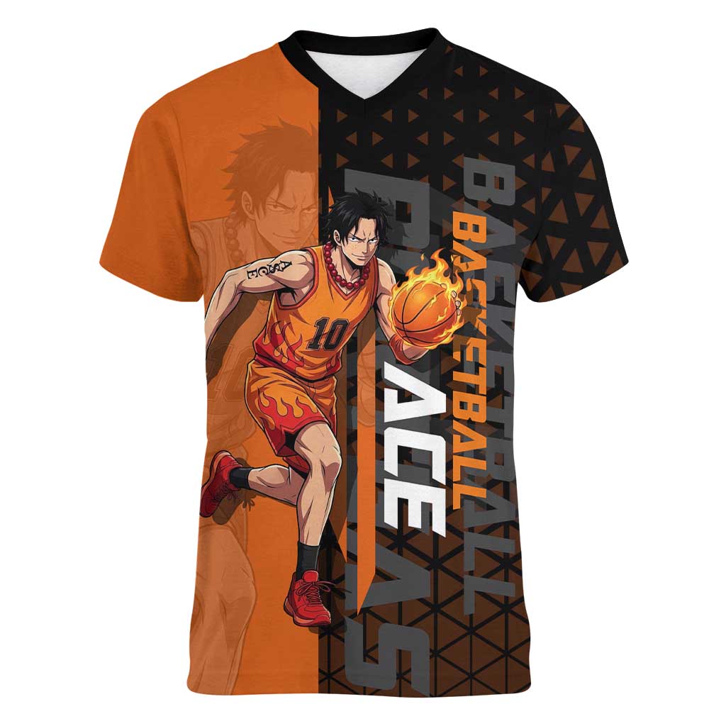 Portgas D Ace One Piece Basketball Theme Orange and Black Design Women V-Neck T-Shirt with Flame Ball and Whitebeard Pirates Emblem - The Mazicc