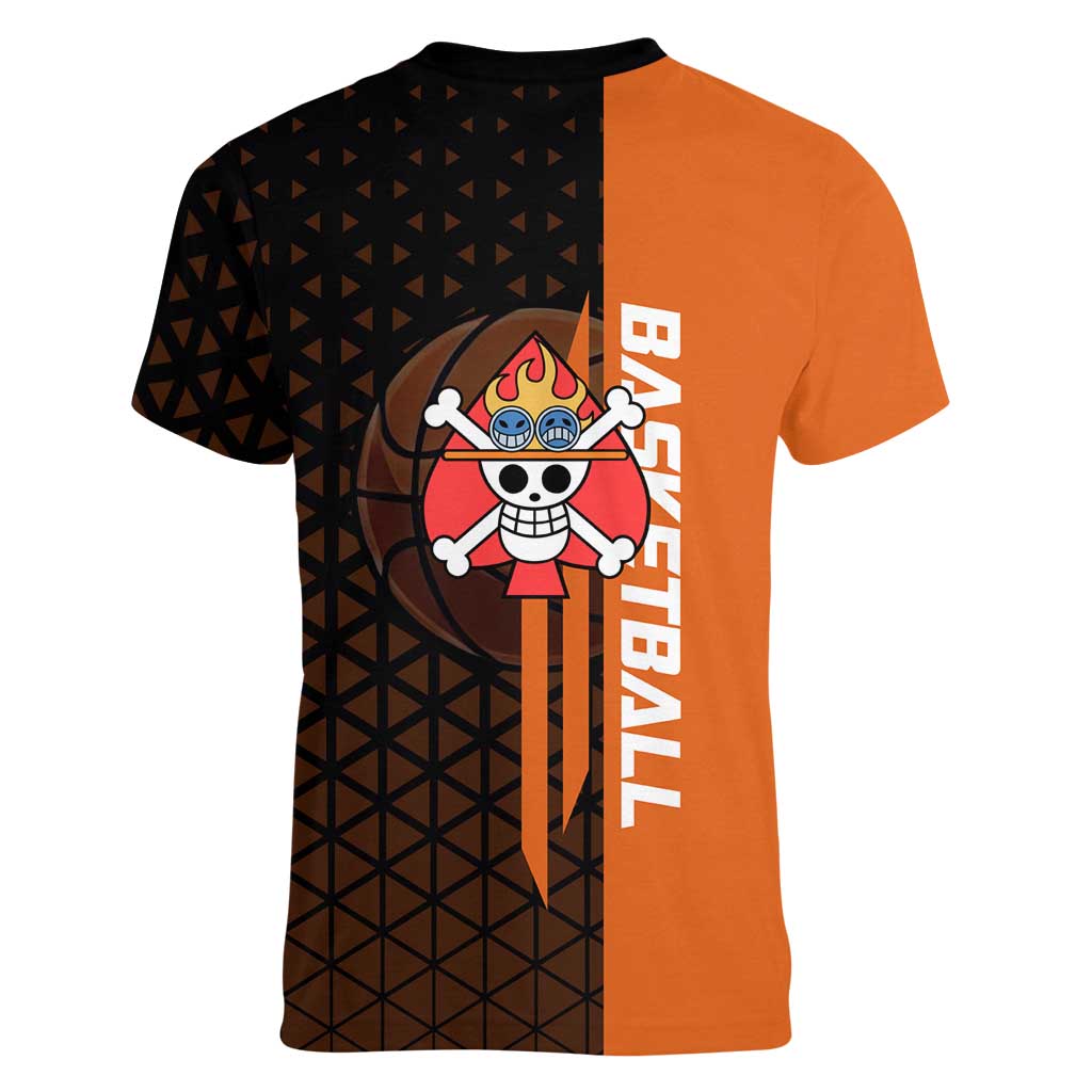 Portgas D Ace One Piece Basketball Theme Orange and Black Design Women V-Neck T-Shirt with Flame Ball and Whitebeard Pirates Emblem - The Mazicc