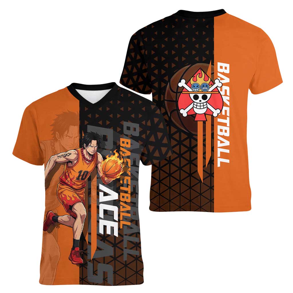 Portgas D Ace One Piece Basketball Theme Orange and Black Design Women V-Neck T-Shirt with Flame Ball and Whitebeard Pirates Emblem - The Mazicc