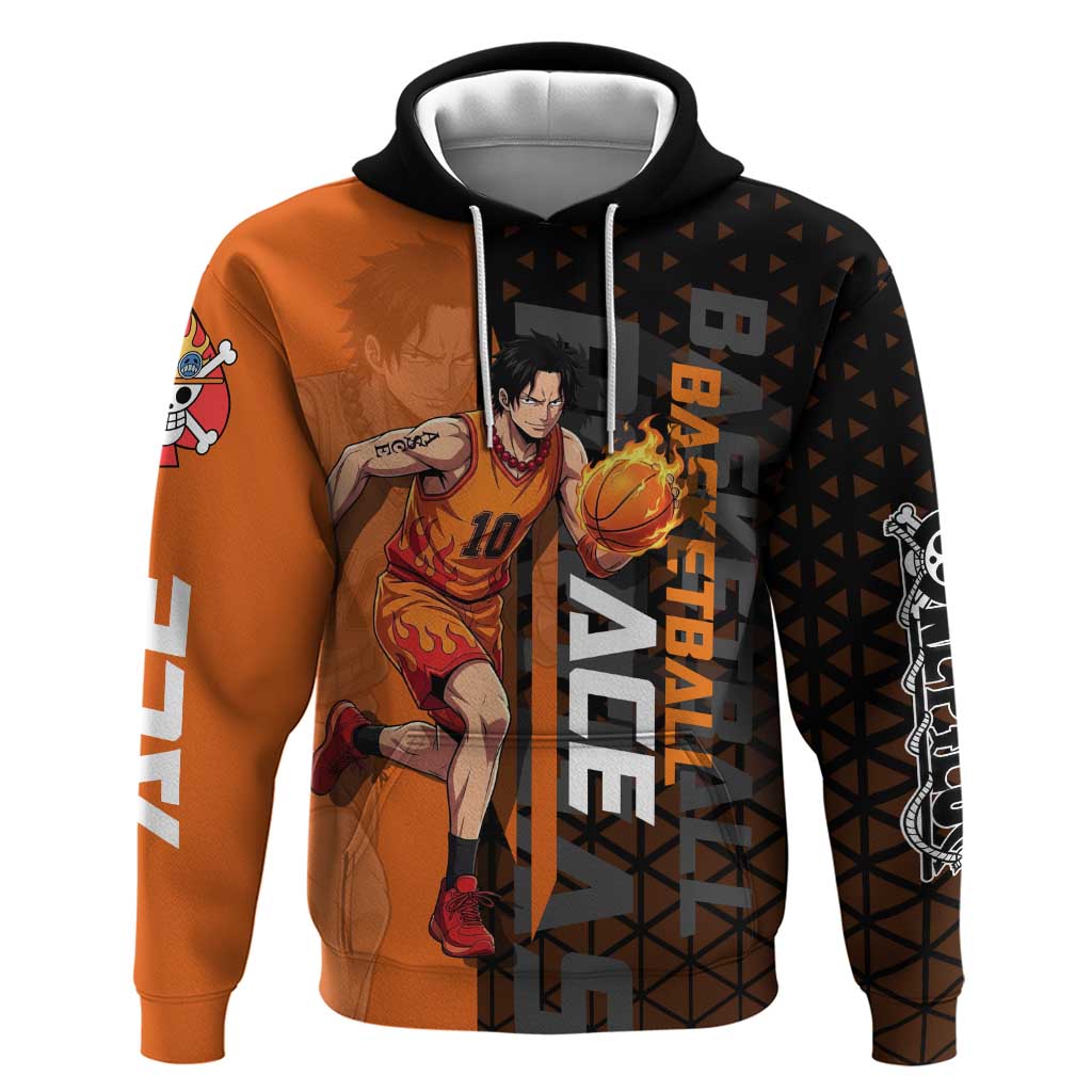 Portgas D Ace One Piece Basketball Theme Orange and Black Design Zip Hoodie with Flame Ball and Whitebeard Pirates Emblem - The Mazicc