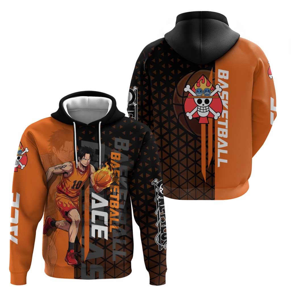 Portgas D Ace One Piece Basketball Theme Orange and Black Design Zip Hoodie with Flame Ball and Whitebeard Pirates Emblem - The Mazicc