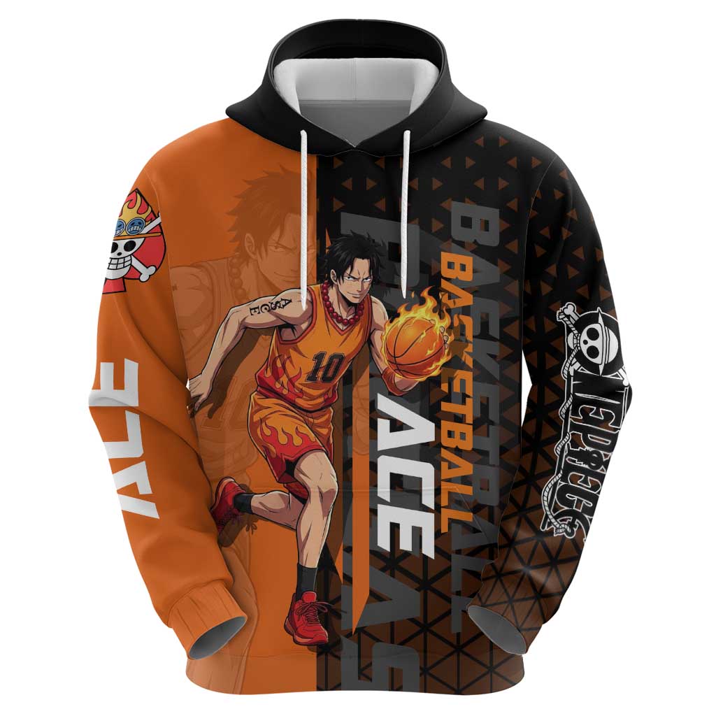 Portgas D Ace One Piece Basketball Theme Orange and Black Design Zip Hoodie with Flame Ball and Whitebeard Pirates Emblem - The Mazicc