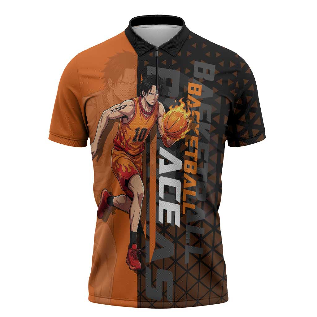 Portgas D Ace One Piece Basketball Theme Orange and Black Design Zipper Polo Shirt with Flame Ball and Whitebeard Pirates Emblem - The Mazicc