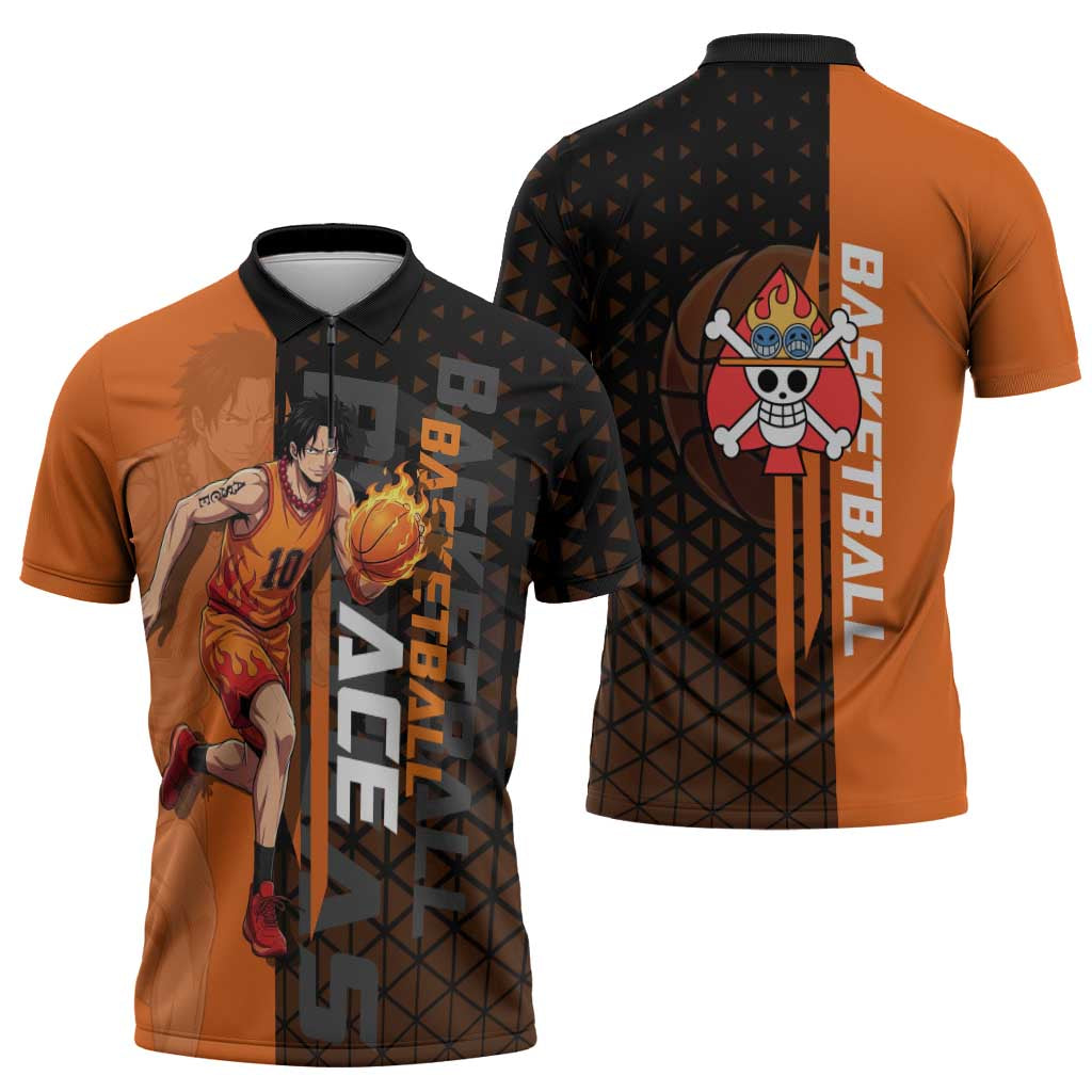 Portgas D Ace One Piece Basketball Theme Orange and Black Design Zipper Polo Shirt with Flame Ball and Whitebeard Pirates Emblem - The Mazicc