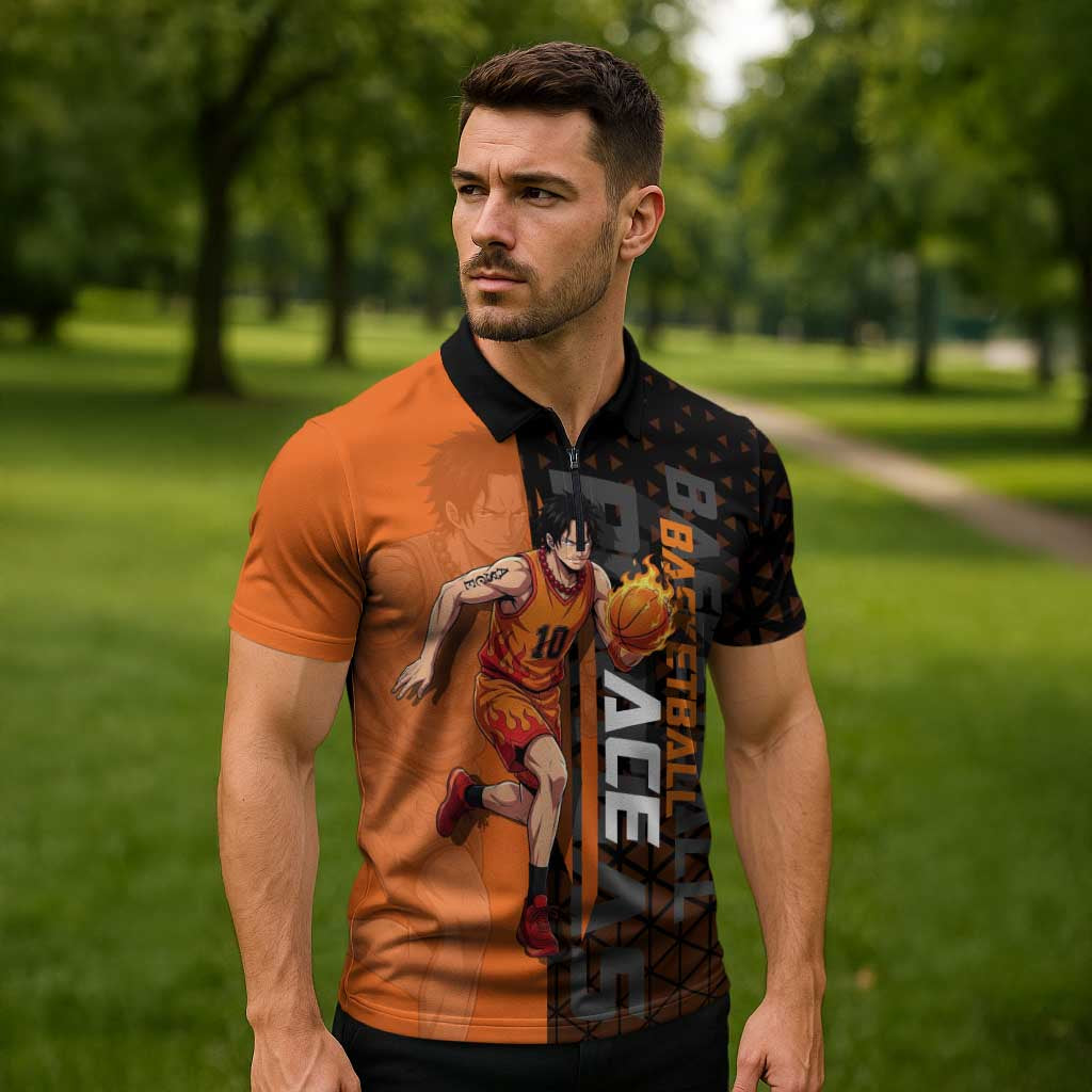 Portgas D Ace One Piece Basketball Theme Orange and Black Design Zipper Polo Shirt with Flame Ball and Whitebeard Pirates Emblem - The Mazicc