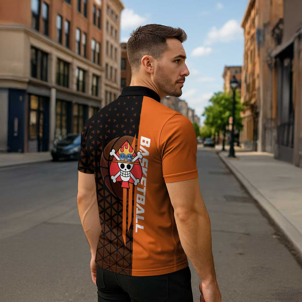Portgas D Ace One Piece Basketball Theme Orange and Black Design Zipper Polo Shirt with Flame Ball and Whitebeard Pirates Emblem - The Mazicc