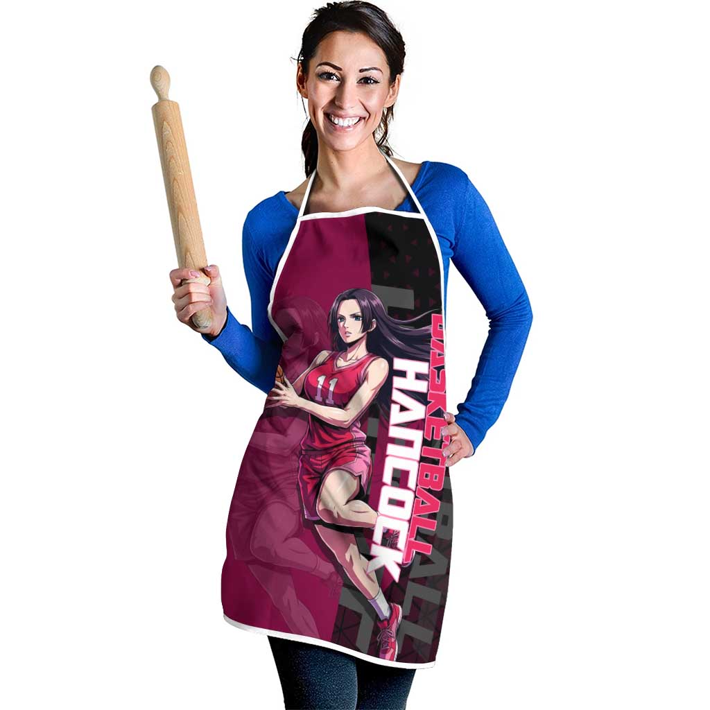 Boa Hancock One Piece Basketball Theme Maroon and Black Design Apron with Serpent Emblem and Dynamic Pose - The Mazicc