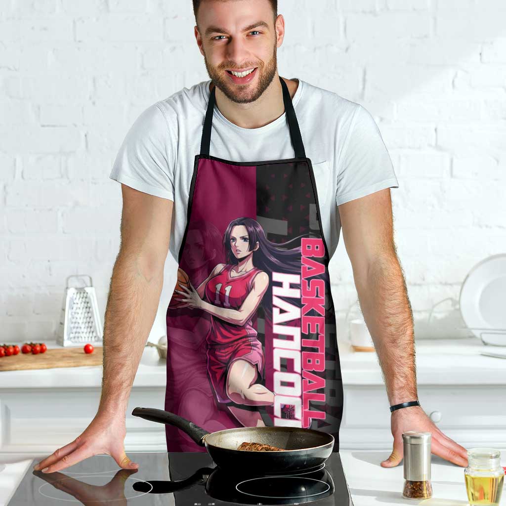 Boa Hancock One Piece Basketball Theme Maroon and Black Design Apron with Serpent Emblem and Dynamic Pose - The Mazicc