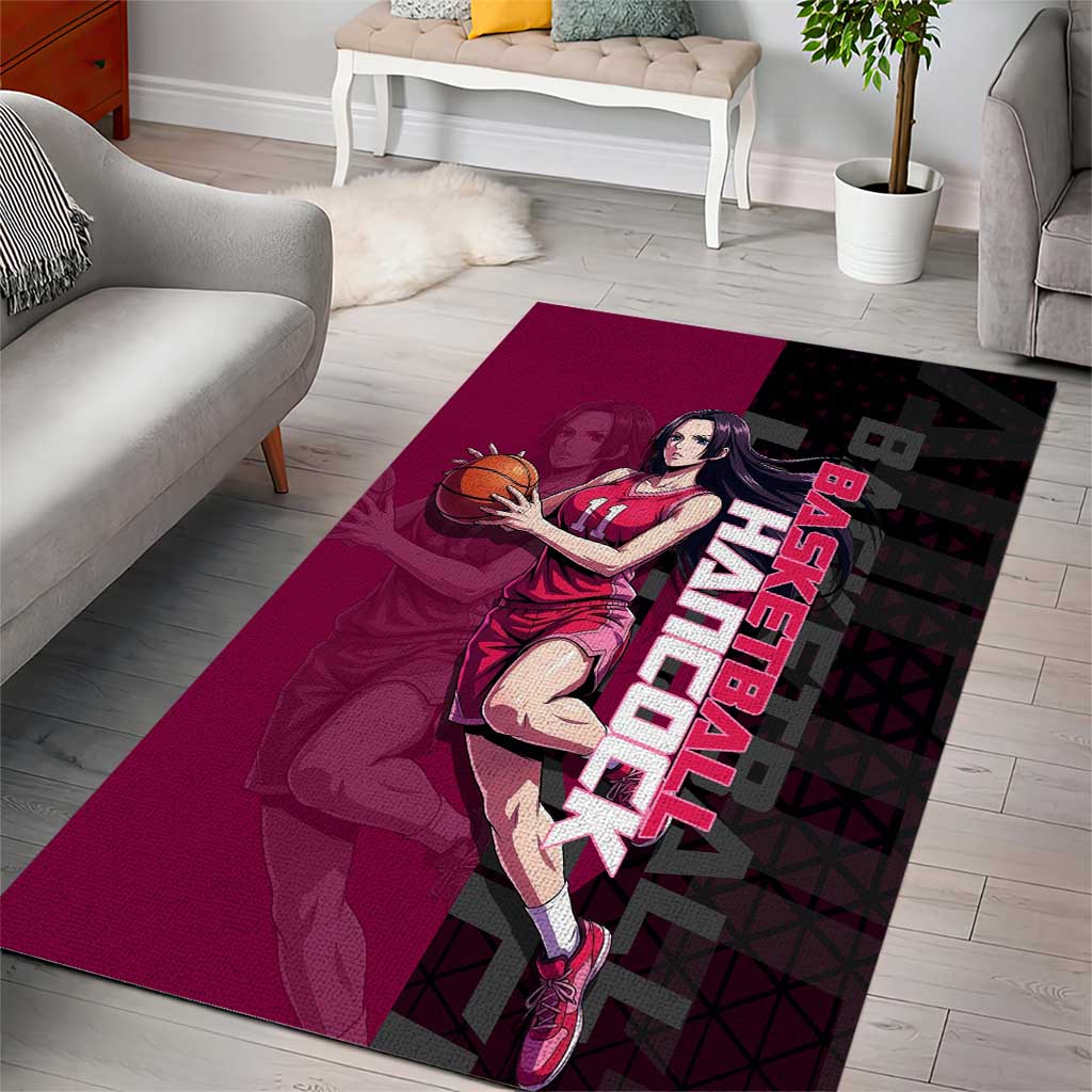 Boa Hancock One Piece Basketball Theme Maroon and Black Design Area Rug with Serpent Emblem and Dynamic Pose - The Mazicc