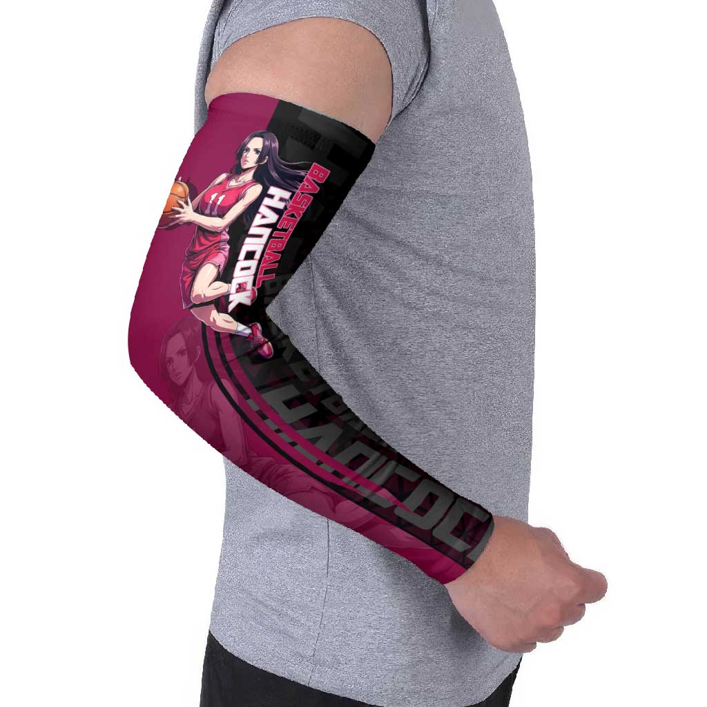 Boa Hancock One Piece Basketball Theme Maroon and Black Design Arm Sleeves with Serpent Emblem and Dynamic Pose - The Mazicc