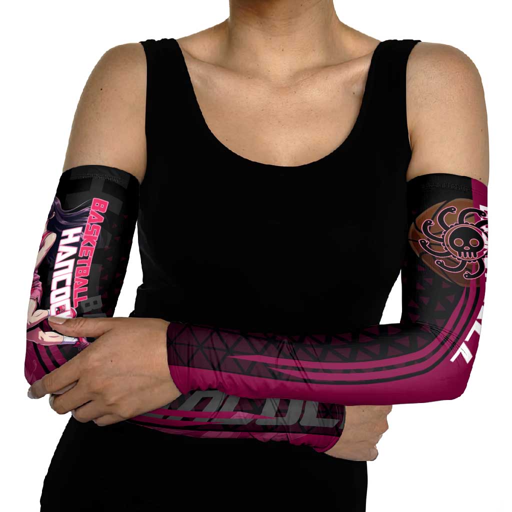Boa Hancock One Piece Basketball Theme Maroon and Black Design Arm Sleeves with Serpent Emblem and Dynamic Pose - The Mazicc