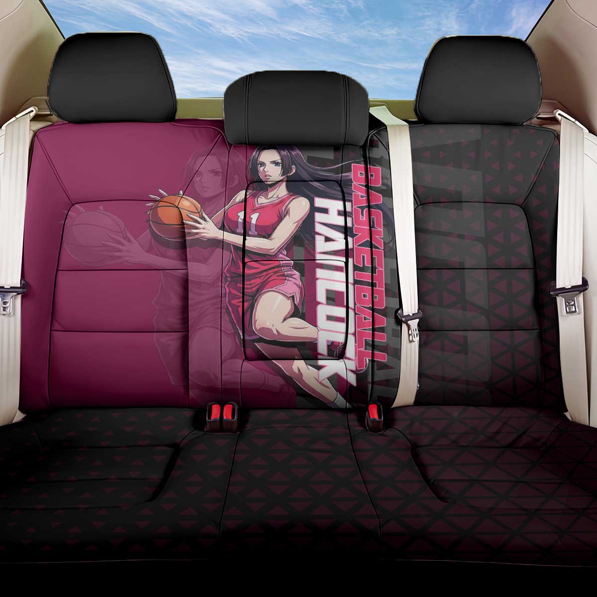 Boa Hancock One Piece Basketball Theme Maroon and Black Design Back Car Seat Cover with Serpent Emblem and Dynamic Pose - The Mazicc