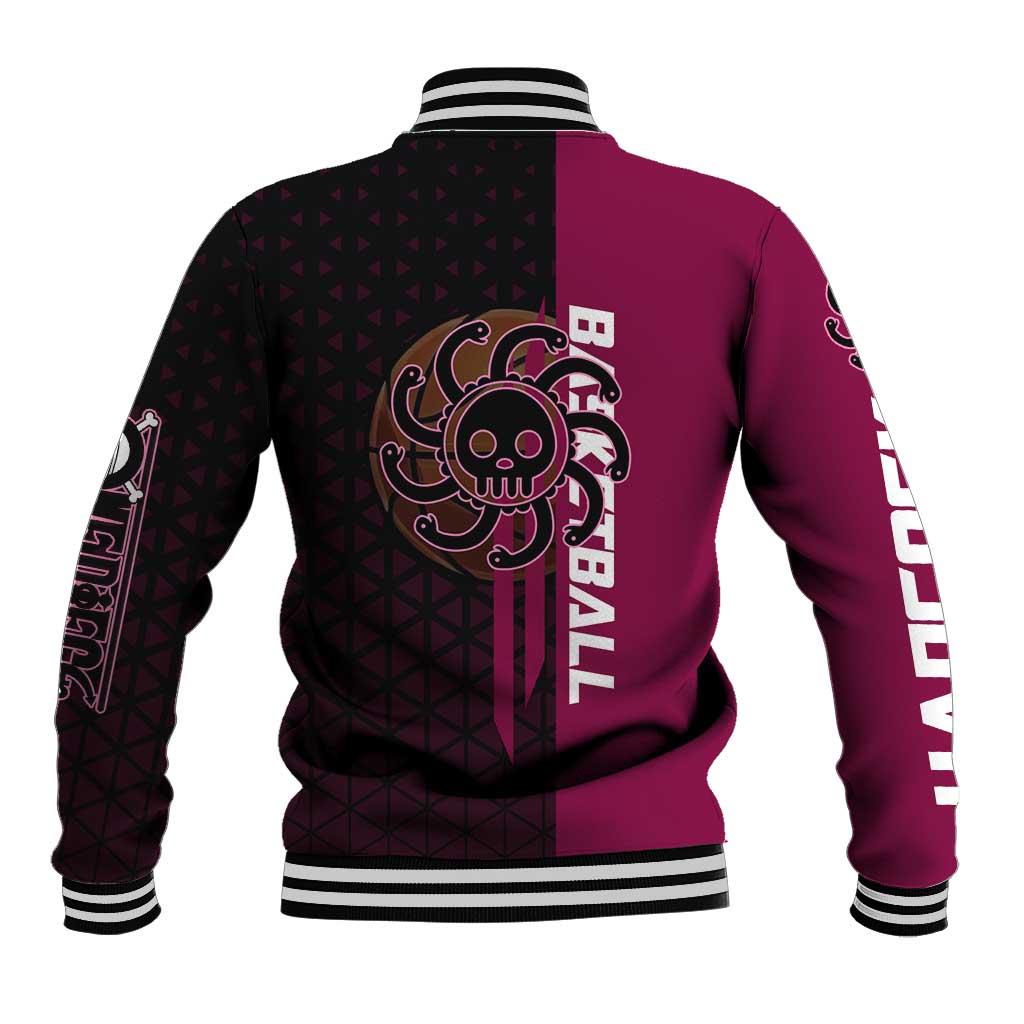 Boa Hancock One Piece Basketball Theme Maroon and Black Design Baseball Jacket with Serpent Emblem and Dynamic Pose - The Mazicc