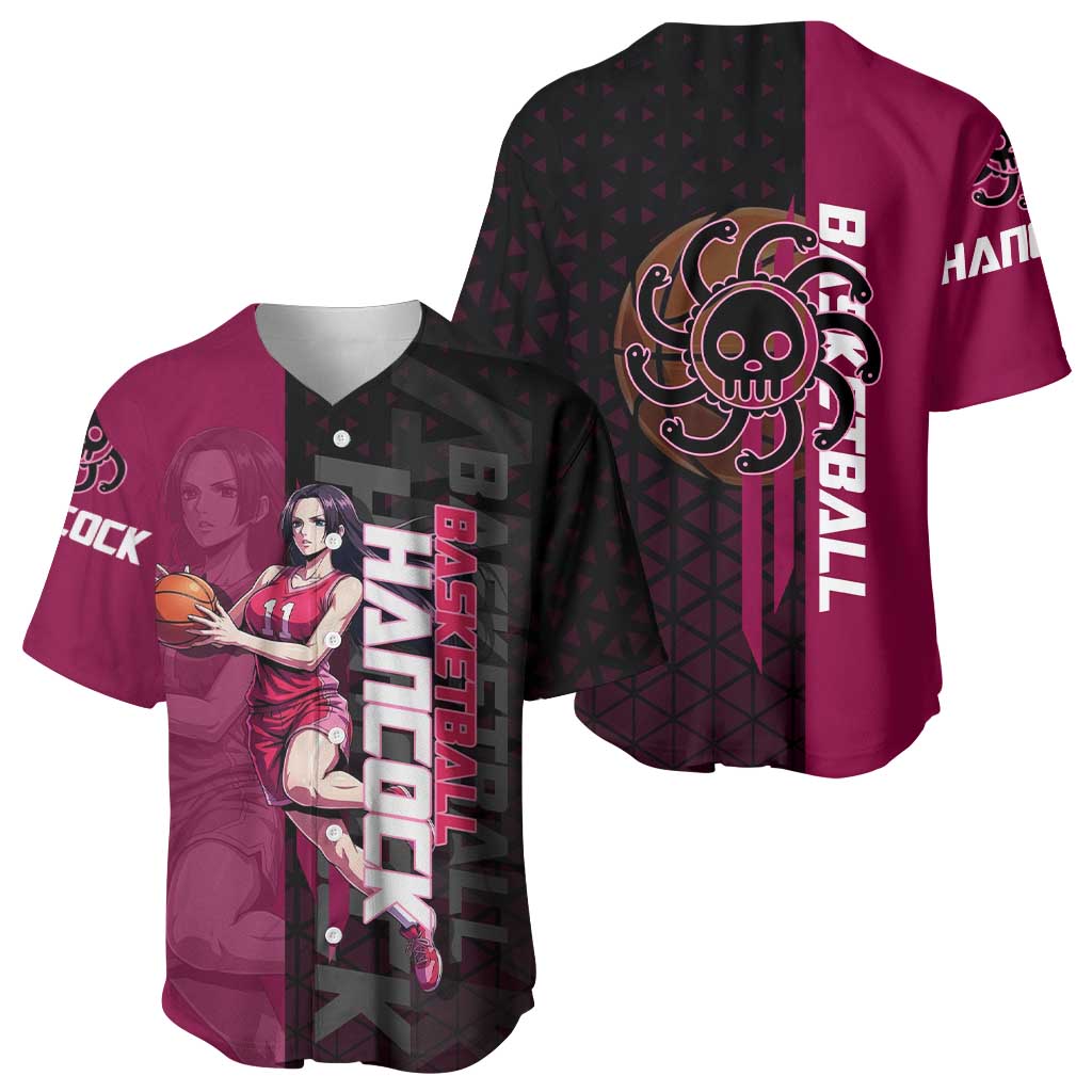 Boa Hancock One Piece Basketball Theme Maroon and Black Design Baseball Jersey with Serpent Emblem and Dynamic Pose - The Mazicc