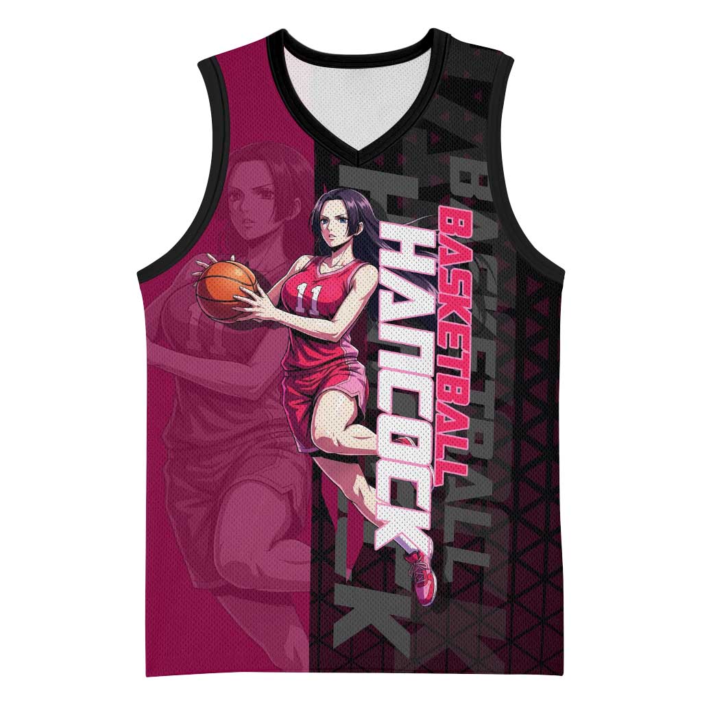 Boa Hancock One Piece Basketball Theme Maroon and Black Design Basketball Jersey with Serpent Emblem and Dynamic Pose - The Mazicc
