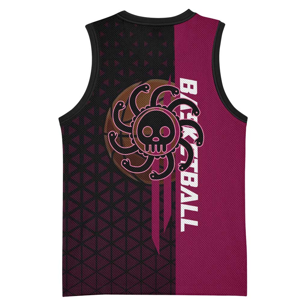 Boa Hancock One Piece Basketball Theme Maroon and Black Design Basketball Jersey with Serpent Emblem and Dynamic Pose - The Mazicc