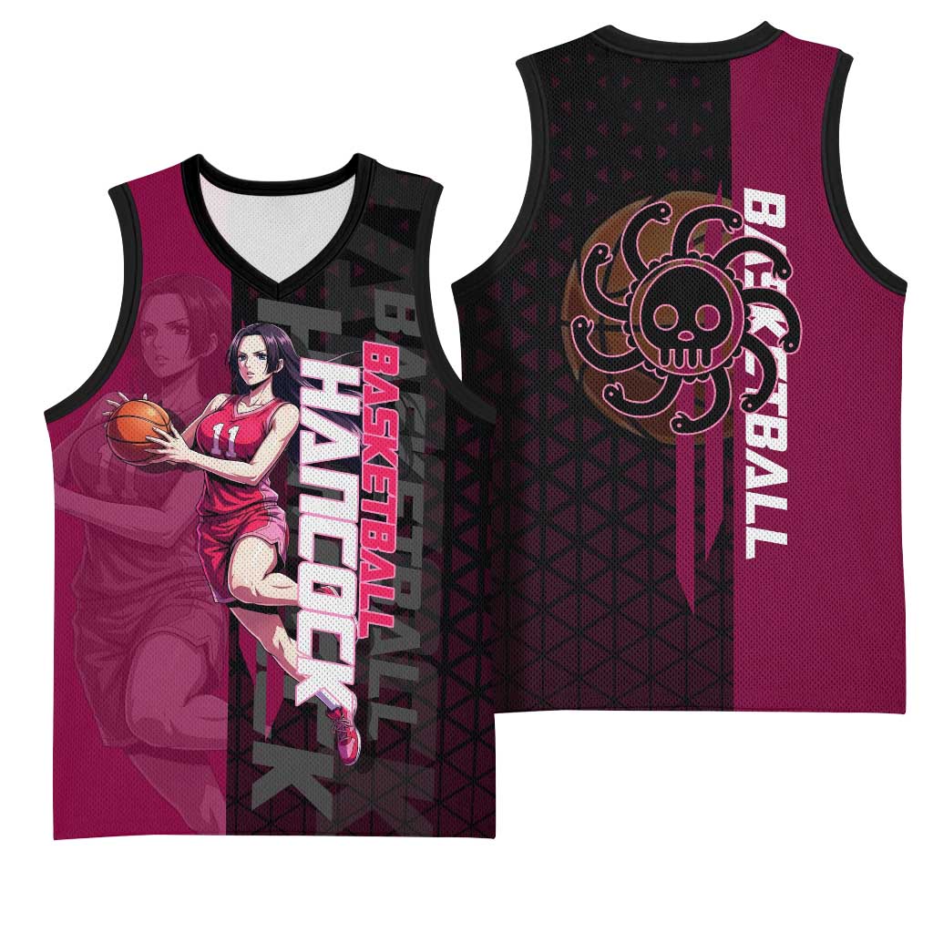 Boa Hancock One Piece Basketball Theme Maroon and Black Design Basketball Jersey with Serpent Emblem and Dynamic Pose - The Mazicc