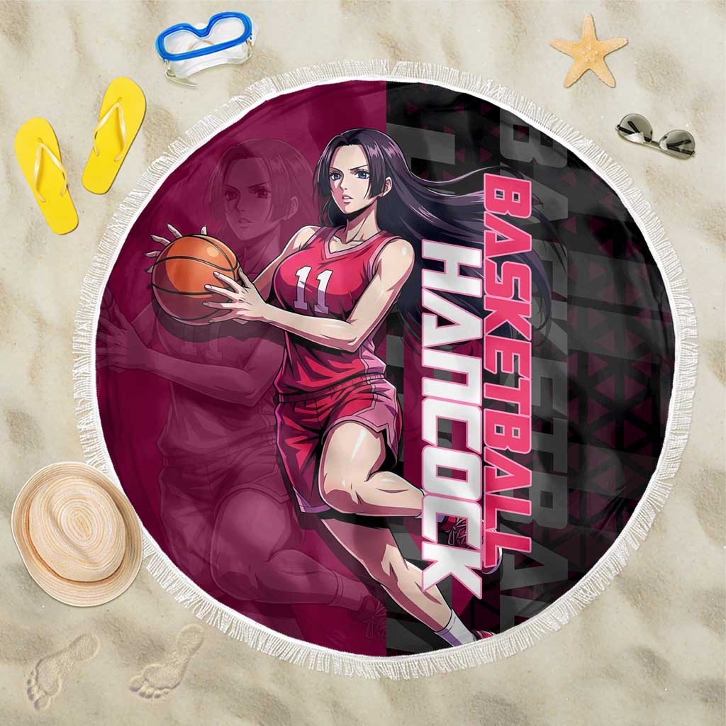 Boa Hancock One Piece Basketball Theme Maroon and Black Design Beach Blanket with Serpent Emblem and Dynamic Pose - The Mazicc