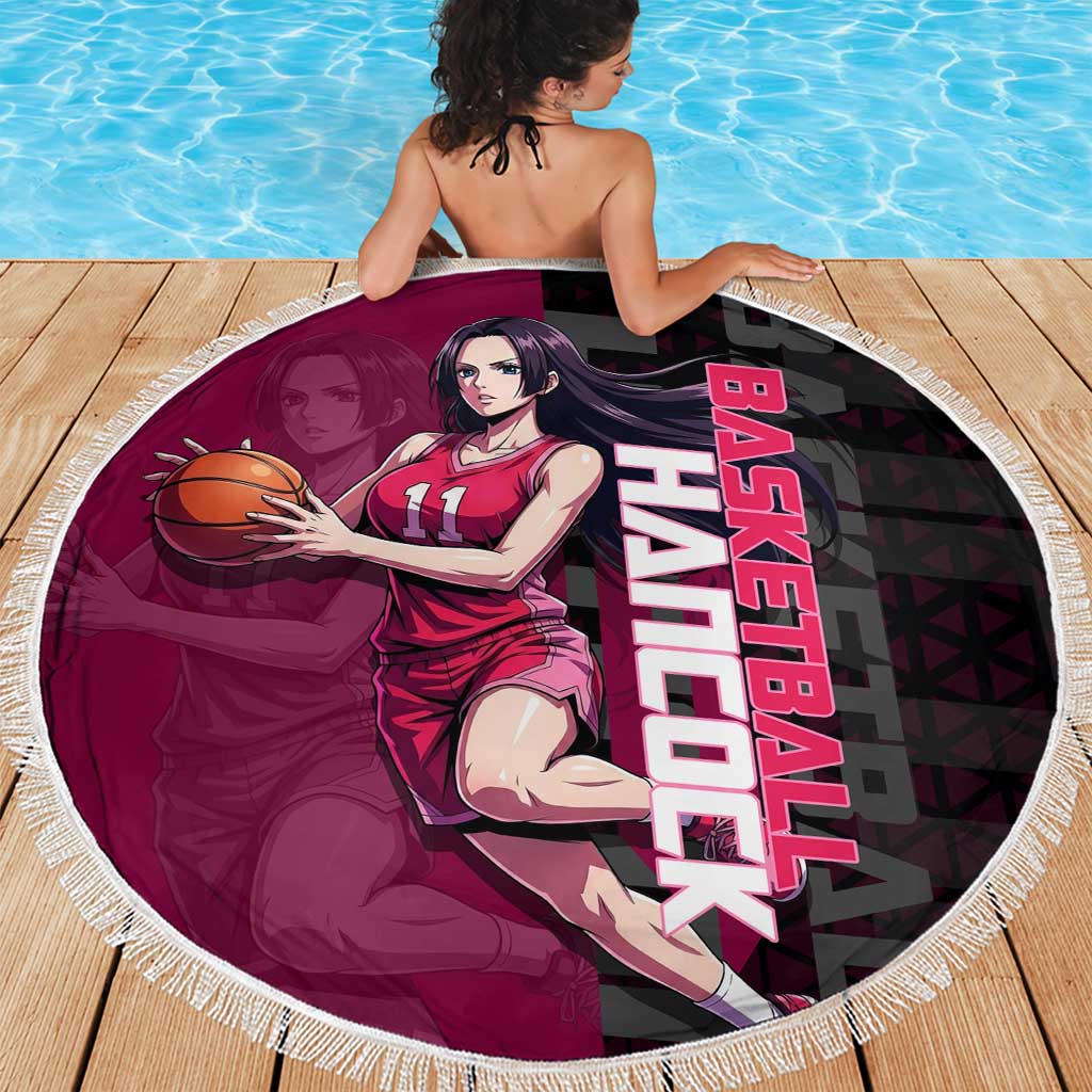 Boa Hancock One Piece Basketball Theme Maroon and Black Design Beach Blanket with Serpent Emblem and Dynamic Pose - The Mazicc