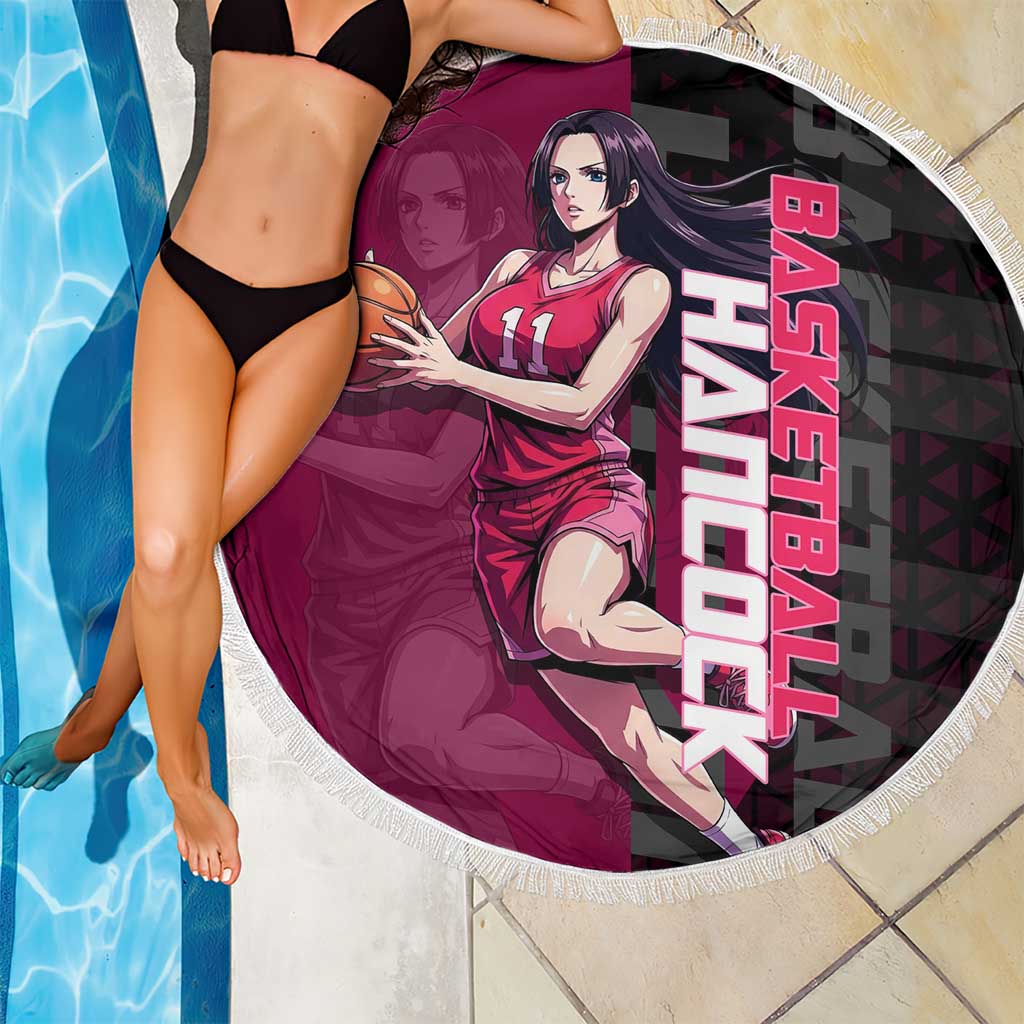 Boa Hancock One Piece Basketball Theme Maroon and Black Design Beach Blanket with Serpent Emblem and Dynamic Pose - The Mazicc