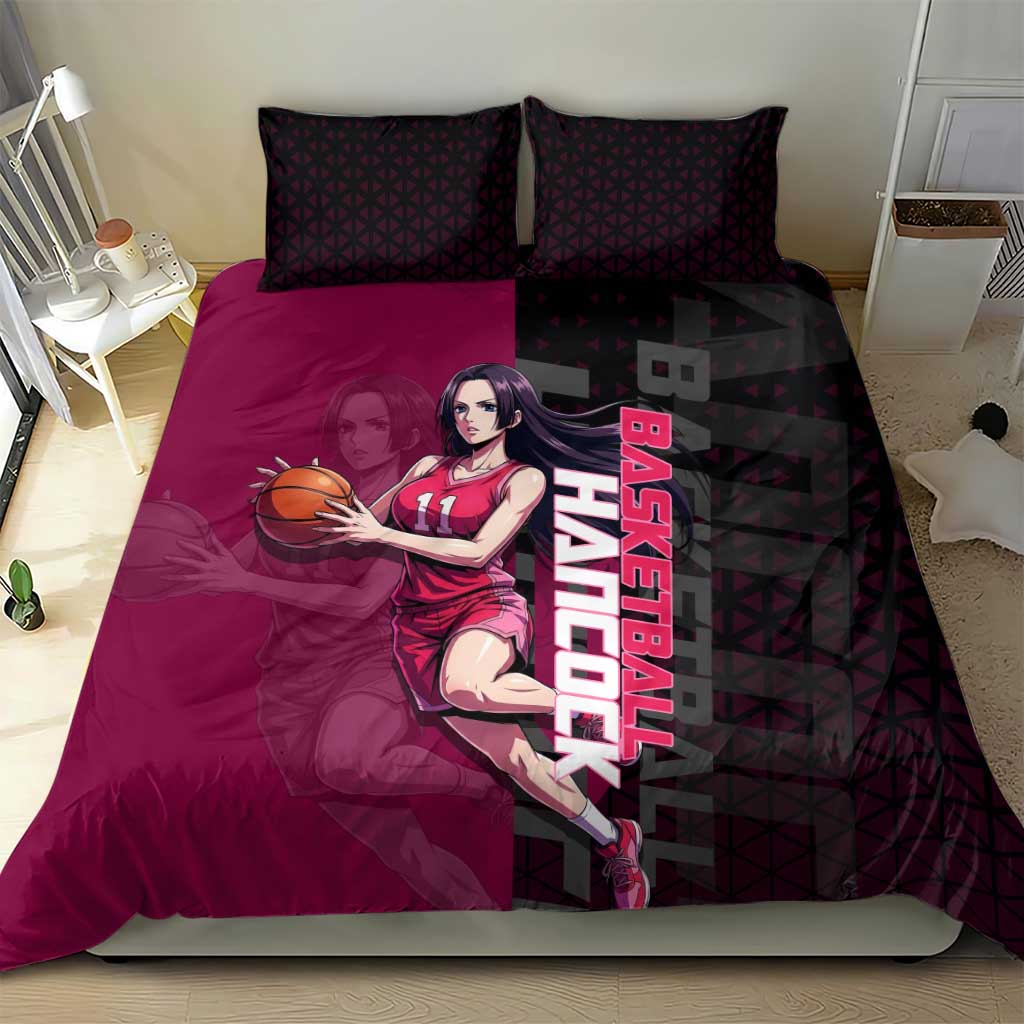 Boa Hancock One Piece Basketball Theme Maroon and Black Design Bedding Set with Serpent Emblem and Dynamic Pose - The Mazicc