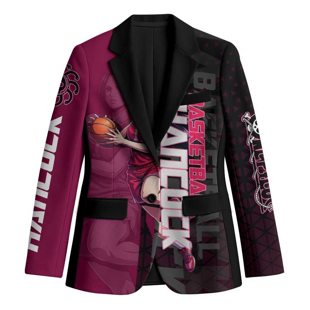 Boa Hancock One Piece Basketball Theme Maroon and Black Design Blazer with Serpent Emblem and Dynamic Pose - The Mazicc