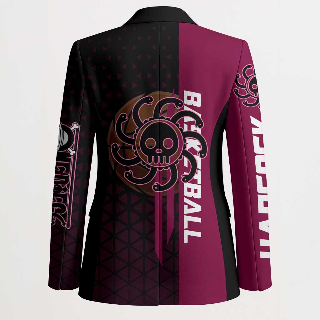 Boa Hancock One Piece Basketball Theme Maroon and Black Design Blazer with Serpent Emblem and Dynamic Pose - The Mazicc