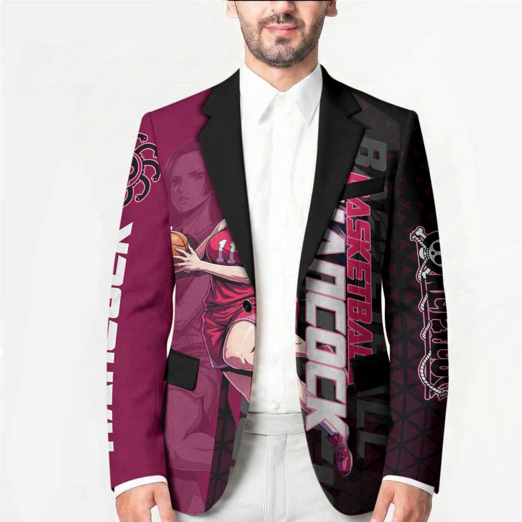 Boa Hancock One Piece Basketball Theme Maroon and Black Design Blazer with Serpent Emblem and Dynamic Pose - The Mazicc