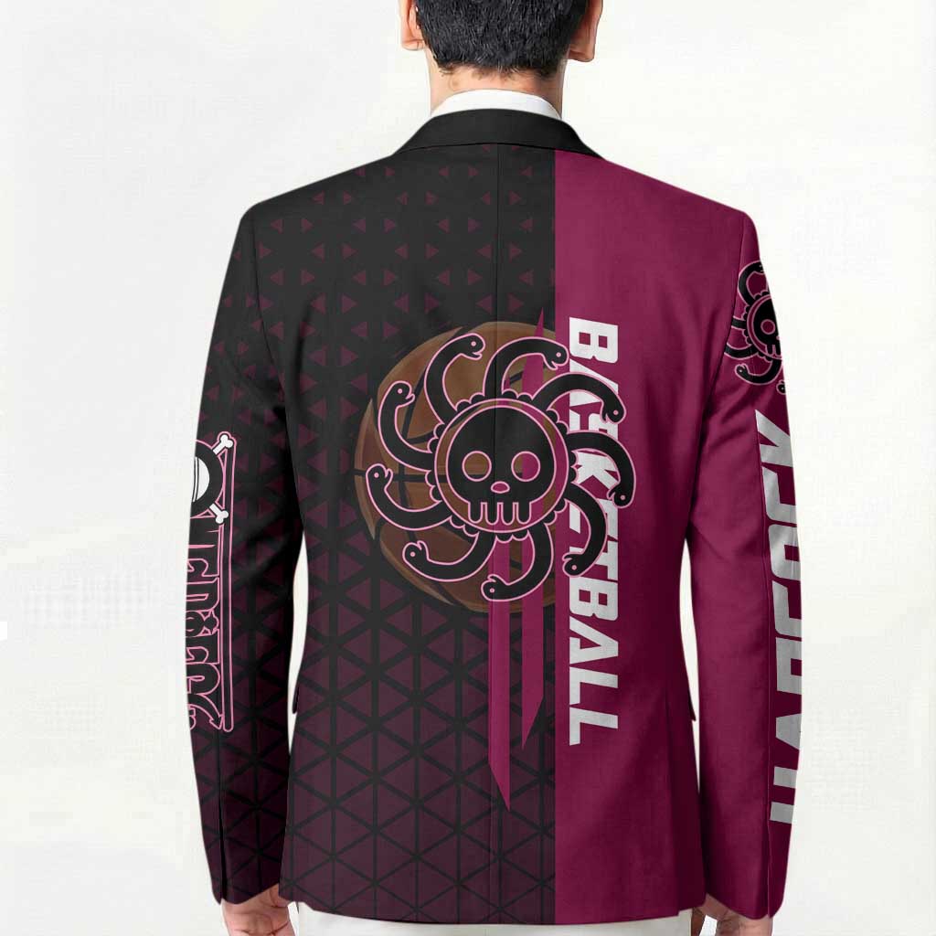 Boa Hancock One Piece Basketball Theme Maroon and Black Design Blazer with Serpent Emblem and Dynamic Pose - The Mazicc