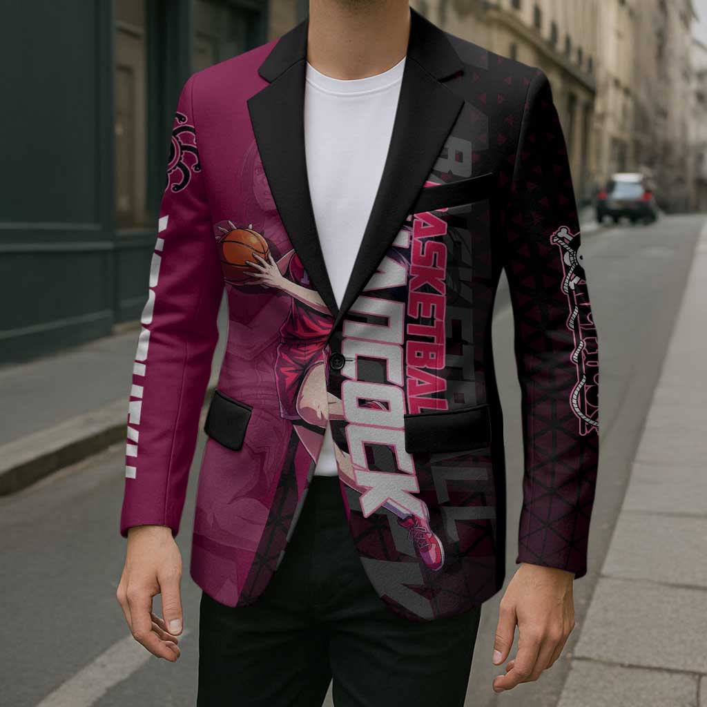 Boa Hancock One Piece Basketball Theme Maroon and Black Design Blazer with Serpent Emblem and Dynamic Pose - The Mazicc