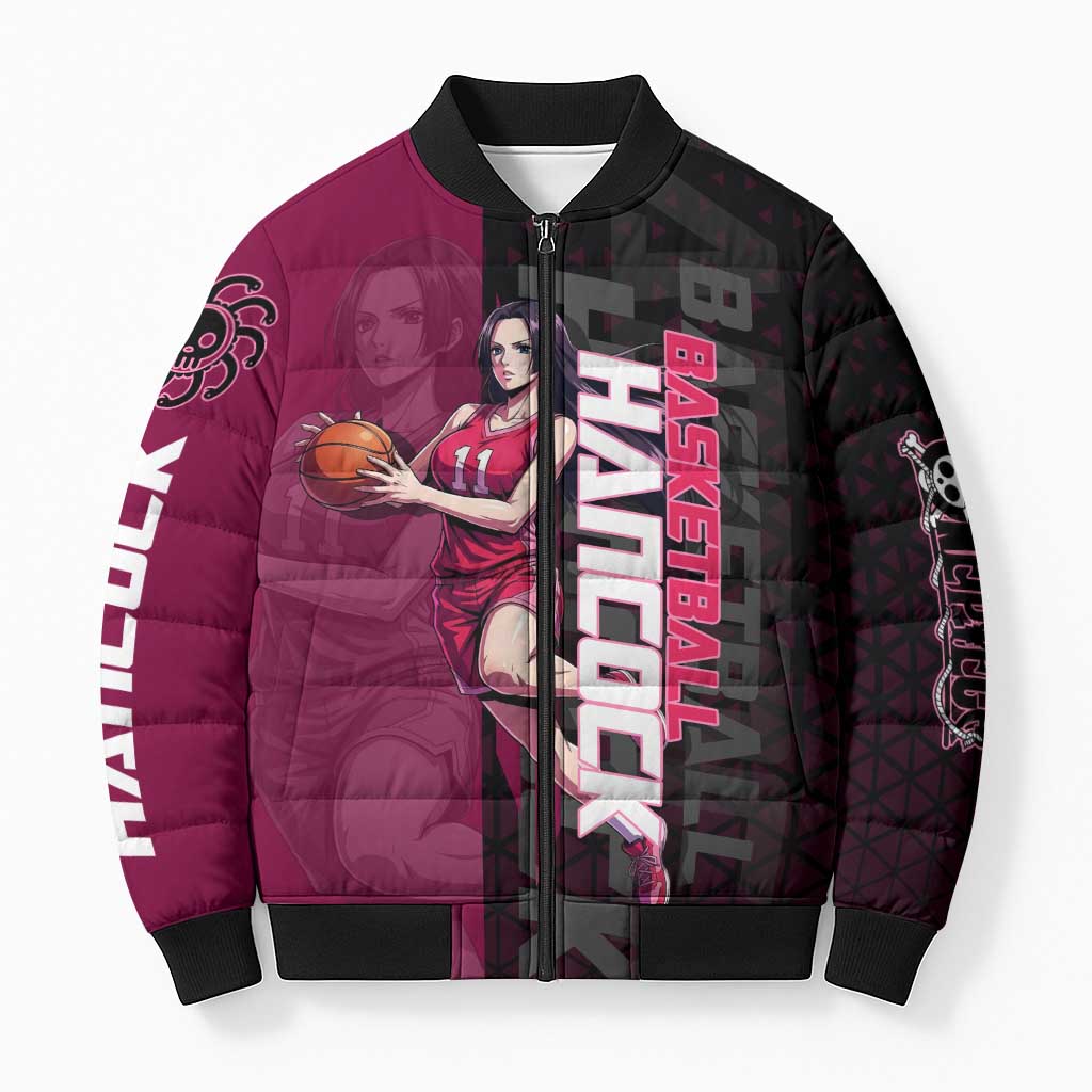 Boa Hancock One Piece Basketball Theme Maroon and Black Design Bomber Puffer Jacket with Serpent Emblem and Dynamic Pose - The Mazicc