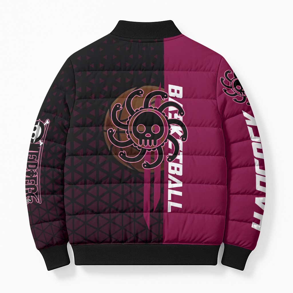 Boa Hancock One Piece Basketball Theme Maroon and Black Design Bomber Puffer Jacket with Serpent Emblem and Dynamic Pose - The Mazicc