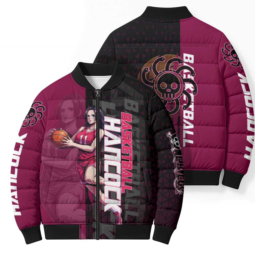 Boa Hancock One Piece Basketball Theme Maroon and Black Design Bomber Puffer Jacket with Serpent Emblem and Dynamic Pose - The Mazicc