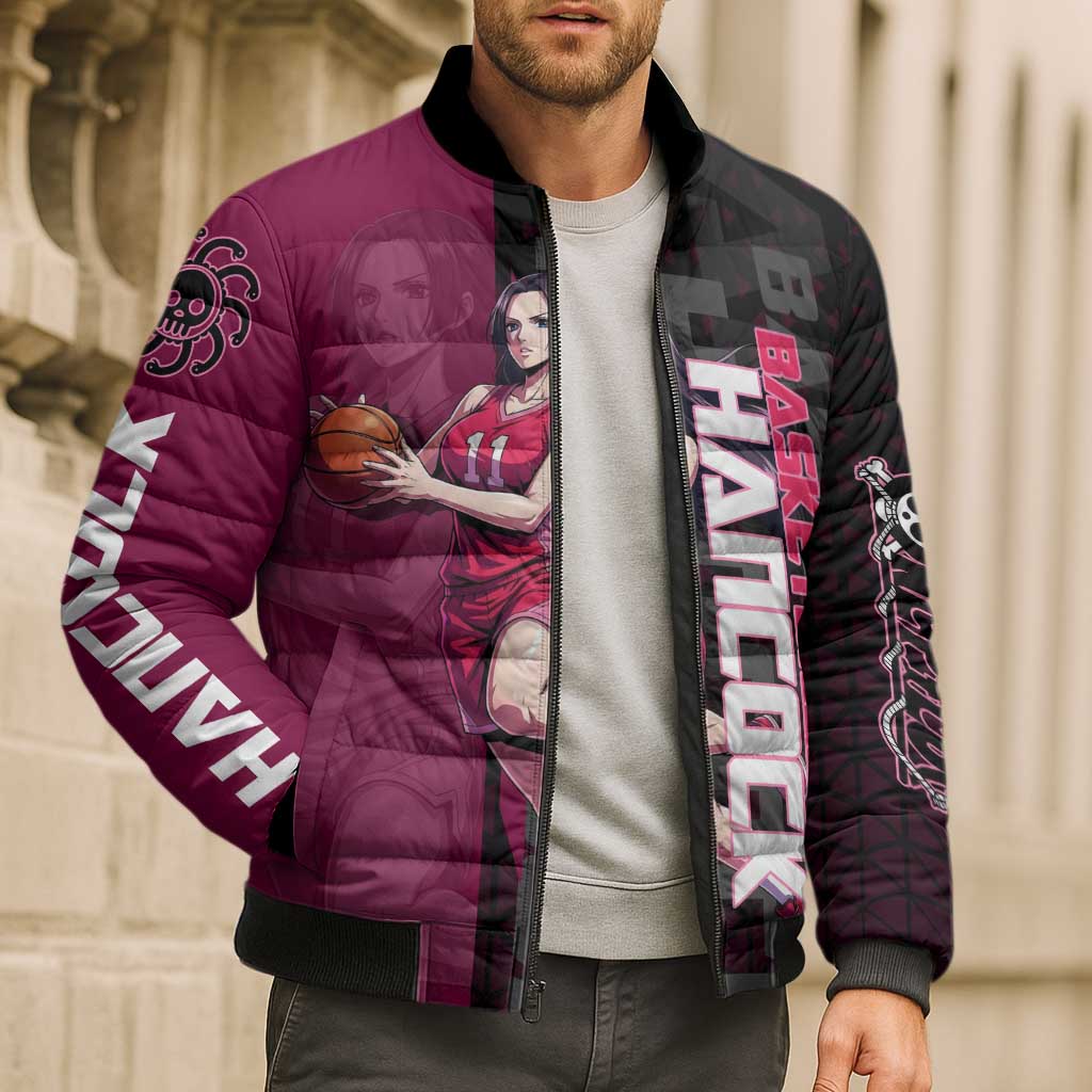 Boa Hancock One Piece Basketball Theme Maroon and Black Design Bomber Puffer Jacket with Serpent Emblem and Dynamic Pose - The Mazicc