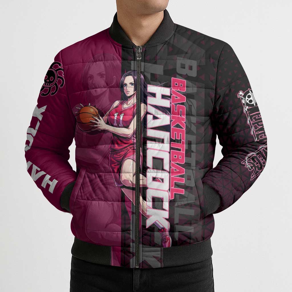 Boa Hancock One Piece Basketball Theme Maroon and Black Design Bomber Puffer Jacket with Serpent Emblem and Dynamic Pose - The Mazicc