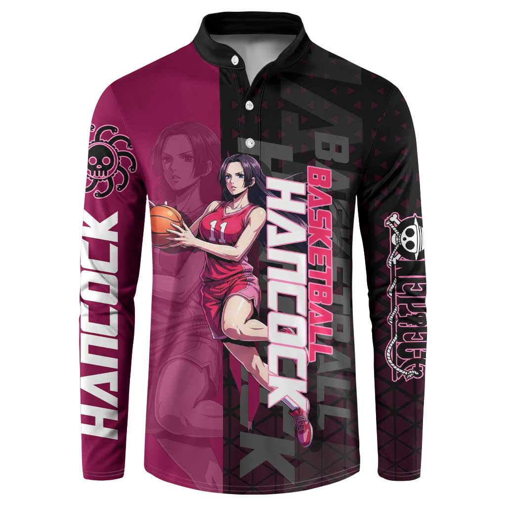 Boa Hancock One Piece Basketball Theme Maroon and Black Design Button Sweatshirt with Serpent Emblem and Dynamic Pose - The Mazicc