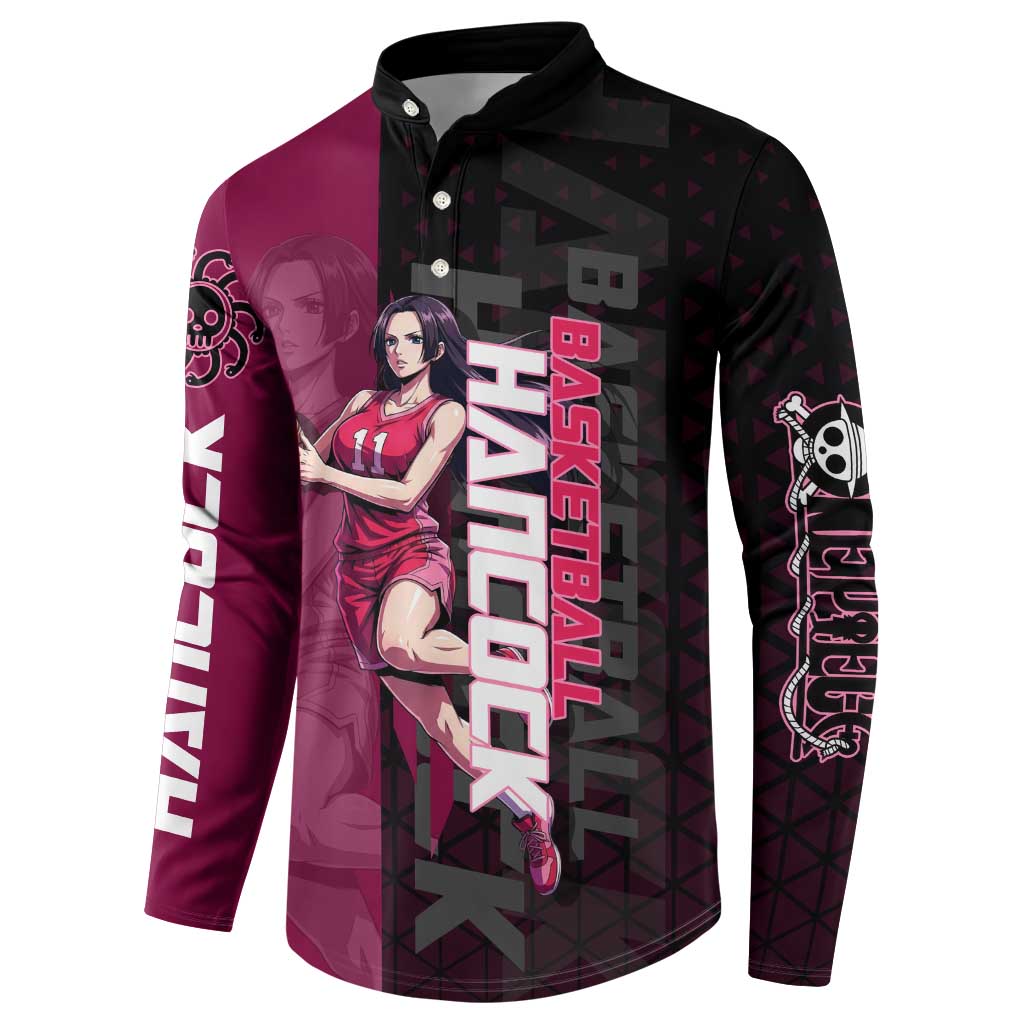 Boa Hancock One Piece Basketball Theme Maroon and Black Design Button Sweatshirt with Serpent Emblem and Dynamic Pose - The Mazicc