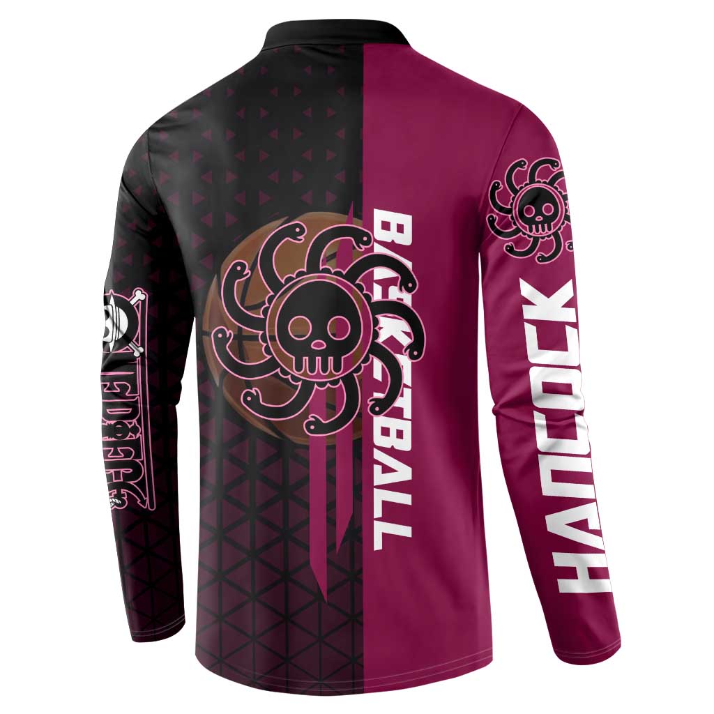 Boa Hancock One Piece Basketball Theme Maroon and Black Design Button Sweatshirt with Serpent Emblem and Dynamic Pose - The Mazicc