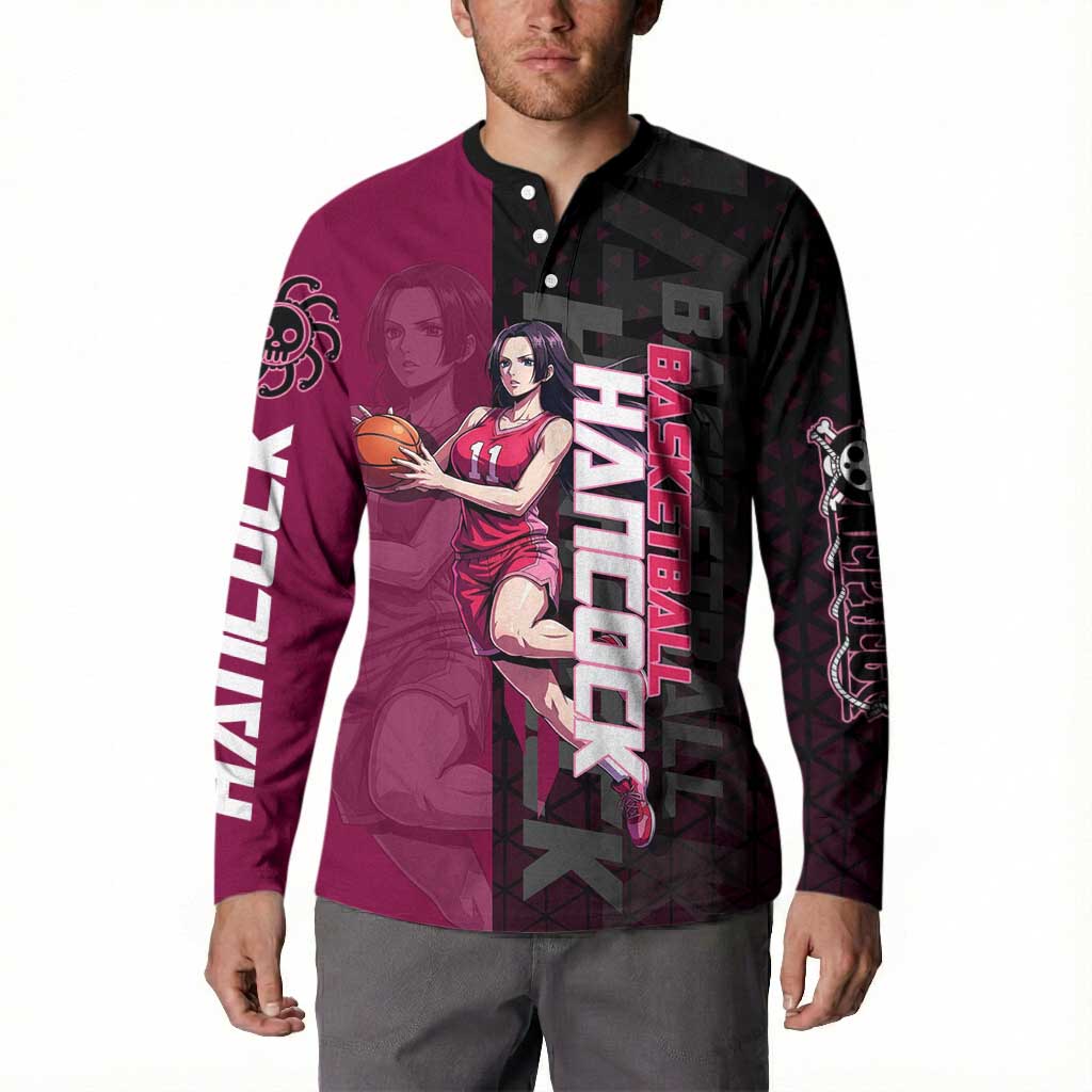 Boa Hancock One Piece Basketball Theme Maroon and Black Design Button Sweatshirt with Serpent Emblem and Dynamic Pose - The Mazicc