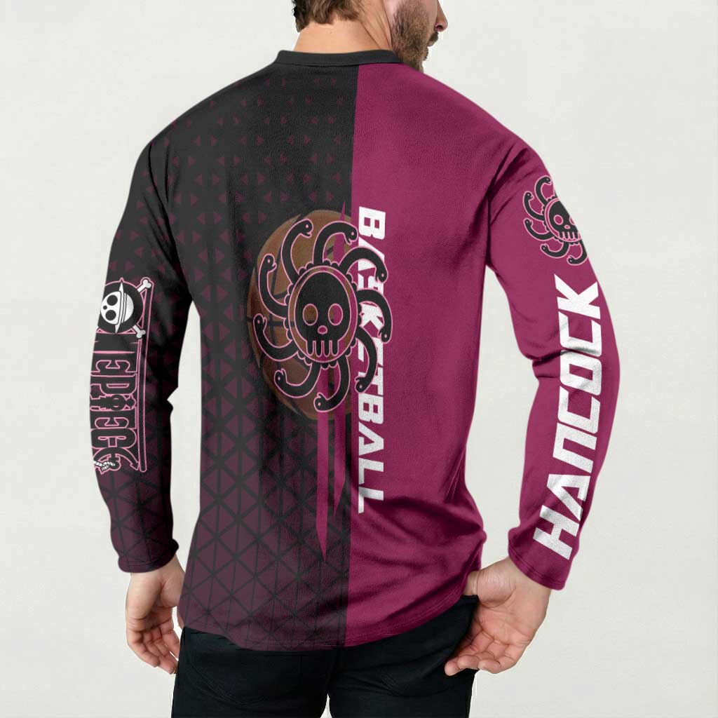 Boa Hancock One Piece Basketball Theme Maroon and Black Design Button Sweatshirt with Serpent Emblem and Dynamic Pose - The Mazicc