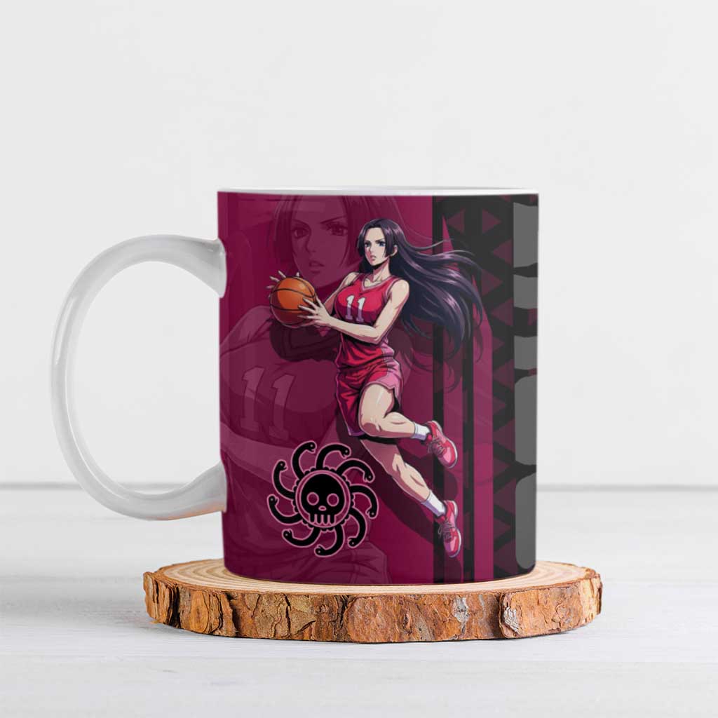 Boa Hancock One Piece Basketball Theme Maroon and Black Design Ceramic Mug with Serpent Emblem and Dynamic Pose - The Mazicc