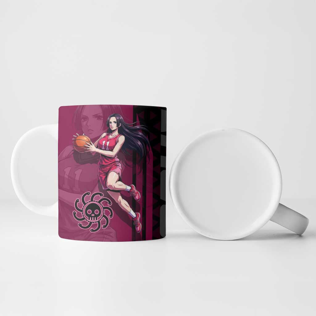 Boa Hancock One Piece Basketball Theme Maroon and Black Design Ceramic Mug with Serpent Emblem and Dynamic Pose - The Mazicc