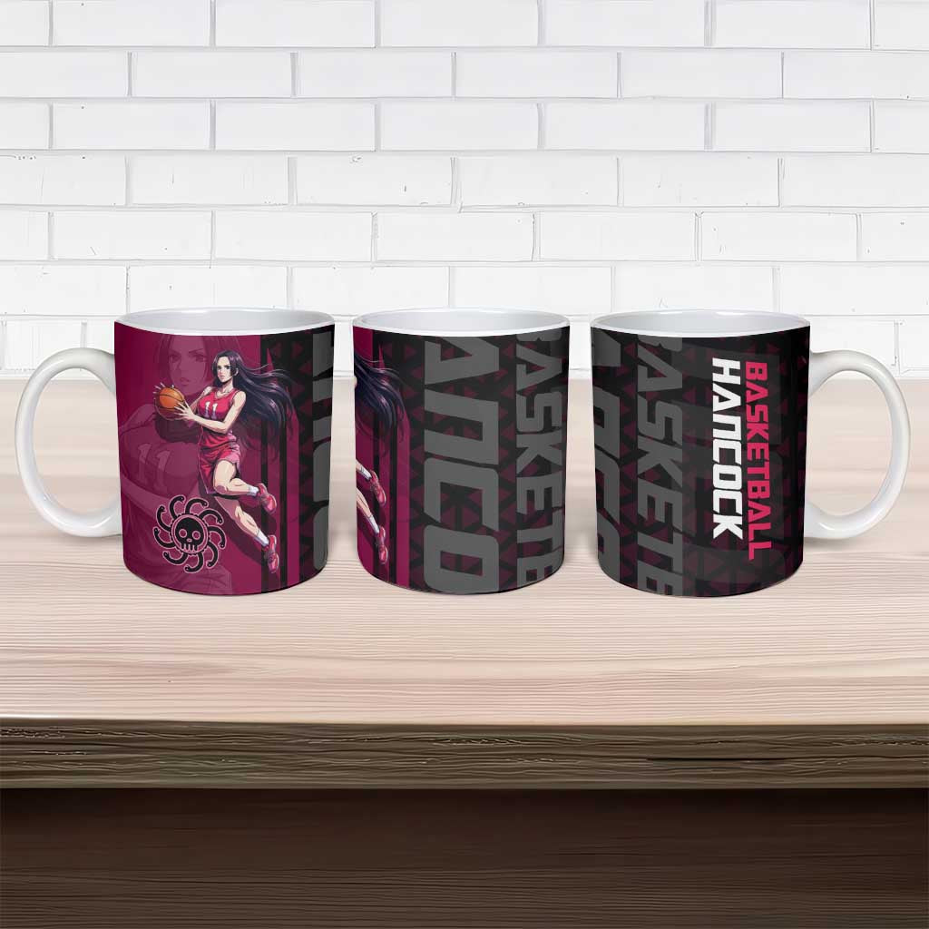 Boa Hancock One Piece Basketball Theme Maroon and Black Design Ceramic Mug with Serpent Emblem and Dynamic Pose - The Mazicc