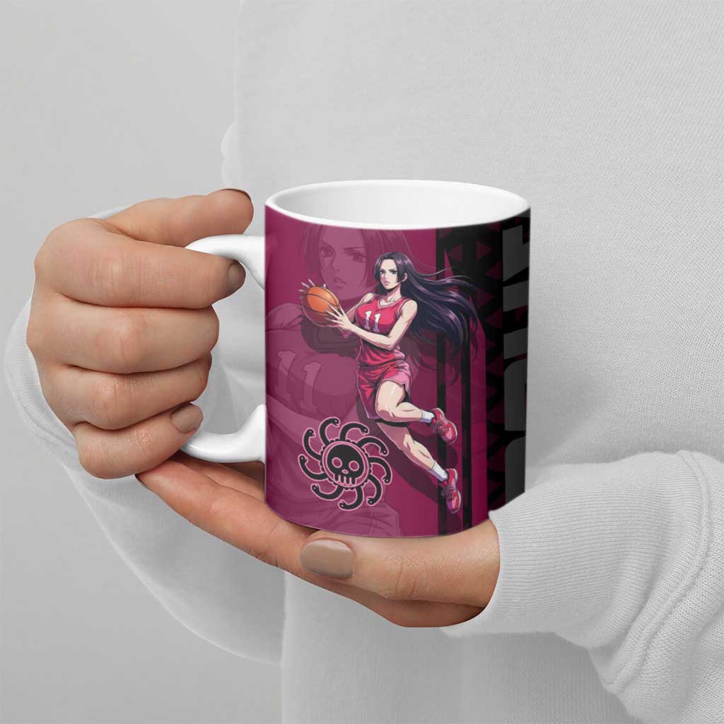 Boa Hancock One Piece Basketball Theme Maroon and Black Design Ceramic Mug with Serpent Emblem and Dynamic Pose - The Mazicc