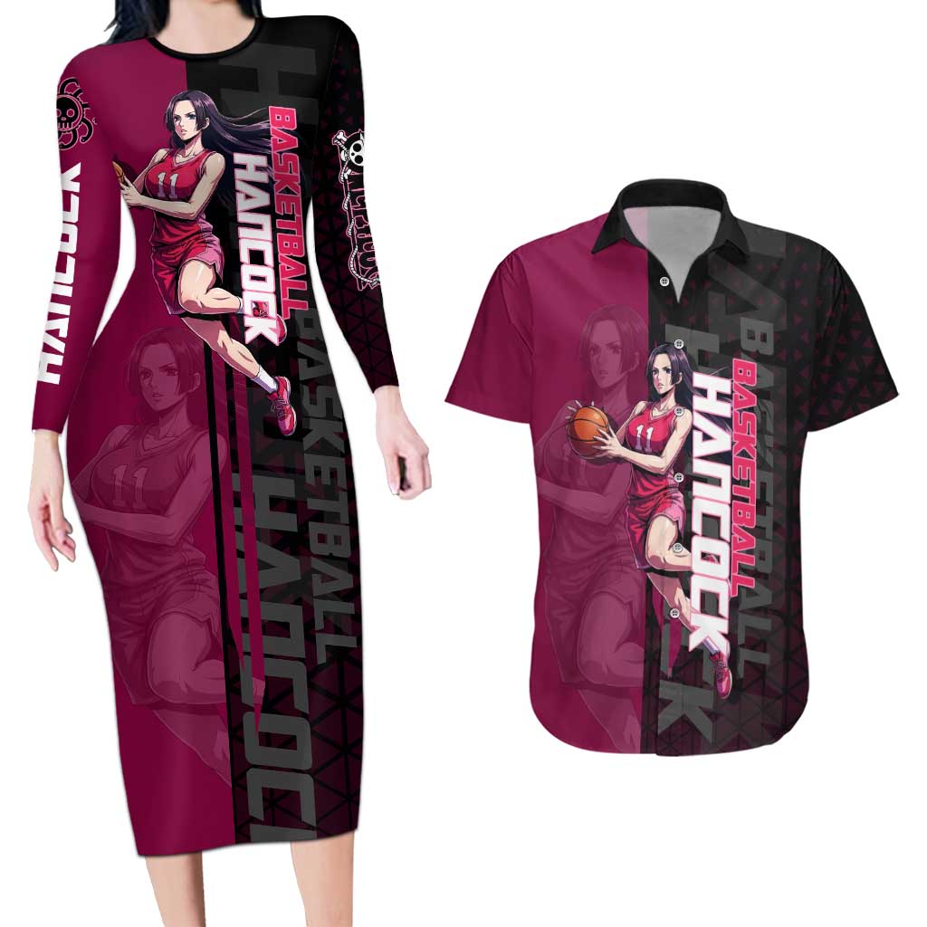 Boa Hancock One Piece Basketball Theme Maroon and Black Design Couples Matching Long Sleeve Bodycon Dress and Hawaiian Shirt with Serpent Emblem and Dynamic Pose - The Mazicc